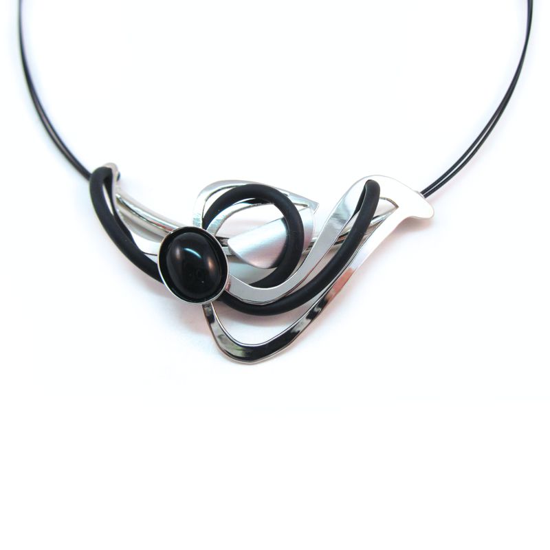 Shiny Silver and Black Rubber Swirly Necklace - Click Image to Close